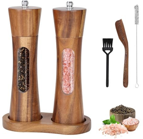 Foyucool Moulin à Poivre et Sel en Bois Avec Plateau, 8 Pouces Manuel Salieres et Poivrieres (2 pièce), Grossier et Fin Réglable, Rotor en Céramique, pour Piment, Lilas, Poivre, Sel (Transparent)