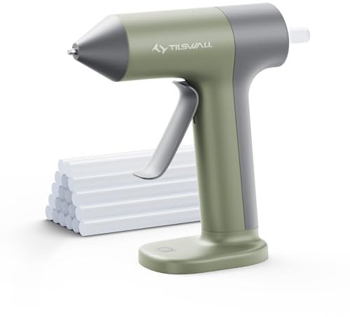 Tilswall 4V Kabellose Heißklebepistole mit schnellem 30s Vorheizen, 2000mAh Typ-C Akku und 20 Klebestiften, Anti-Tropf-Düse, automatische Abschaltung, Mini-Klebepistole zum Basteln - oliv-grün