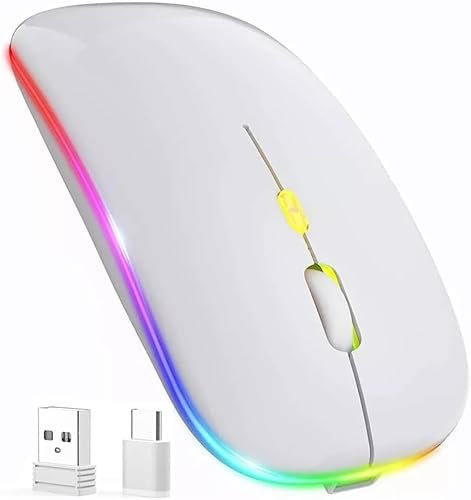 NA-E-VE Raton Inalambrico Recargable, Ratón Retroiluminado de 7 Colores con Mini Receptor USB de 2,4 GHz, Raton Gaming, Compatible con TV, Laptop, PC, Ordenador, Chromebook, Notebook, Blanco.