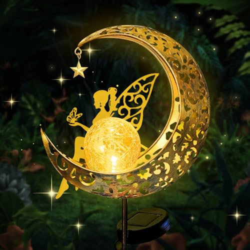 HIQE-FL Mond Solarleuchten Garten Deko, Metall Mond Solarleuchten Garten Deko, Gartenleuchte wasserdichte Wegeleuchte Mit Blumenfee (D)