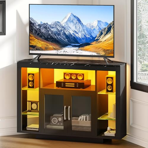 YITAHOME 100CM Corner TV Stand Cabinet with RGB LED Lighting, Corner TV Unit for up to 55 Inch TV with 7 Open Gaming Entertainment Center Shelves for Living Room, Bedroom