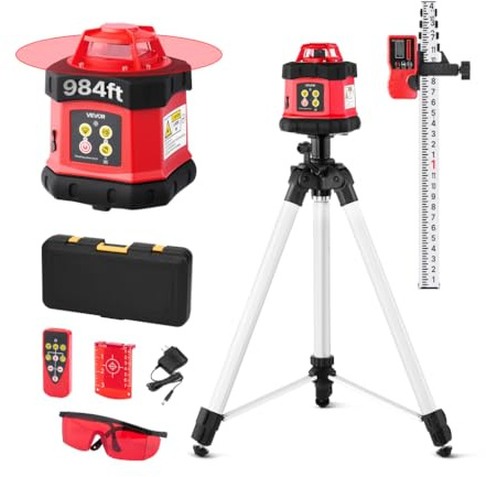 VEVOR Rotary Laser Level Kit, 984ft 360-Degree Self Leveling Red Horizontal Laser Transit,with Tripod,Receiver,Remote Control, Scale, Toolcase, IP54 Waterproof, 0.12in/100ft Precision for Construction