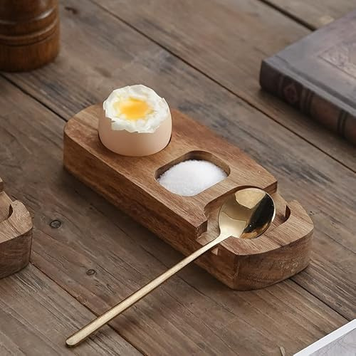 Vonmerie Wooden Egg Holder, Natural Acacia Wood Countertop Storage, Microwave Safe for Fresh Eggs, Deviled Eggs, Cake Pops, Snacks, Includes Spoon