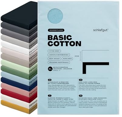 schlafgut Basic Cotton Spannbettlaken 180x200 cm 100% Baumwolle, Blue Light | Bettlaken, Spannbetttuch 200x200 cm, Blau, Jersey, bis 22 cm Steg, Made in Green, atmungsaktiv