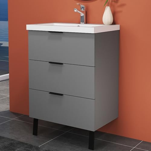HAPAOSO Meuble de Salle de Bain avec Vasque Pierre Artificielle 60 cm. Anthracite Meuble de Rangement, 3 tiroirs