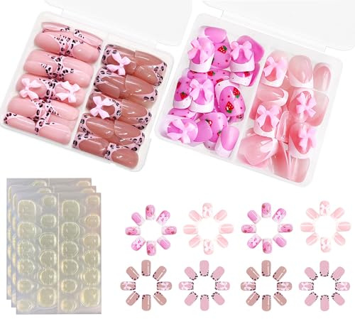 96 Short Press-On False Nails, 8 Pink French And Assorted Pattern Sets | 3D Bow, Strawberry, Floral And Animal-Print Details, 8 Adhesive-Tab Sheets, 2 Divided Cases, For Home Manicures And Outings
