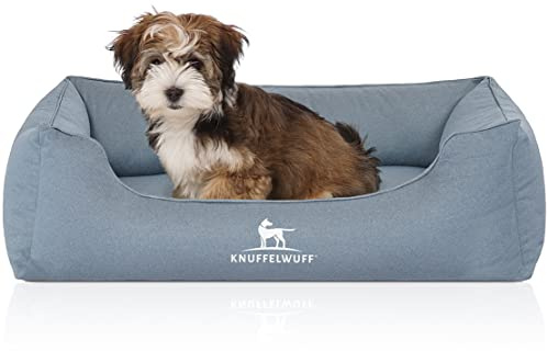 Knuffelwuff Orthopädisches Wasserabweisendes Hundebett Leon aus Velours mit Handwebcharakter S 70 x 50cm Hellblau - Abnehmbarer Bezug - waschbar - für große, mittelgroße und kleine Hunde