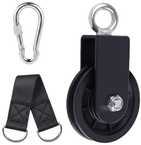 90mm Cable Pulley System with Hanging Strap & Carabiner, 150kg Heavy Duty Home Gym Pulley Block for DIY LAT Pulldown, Cable Lifting Machine Workout Equipment