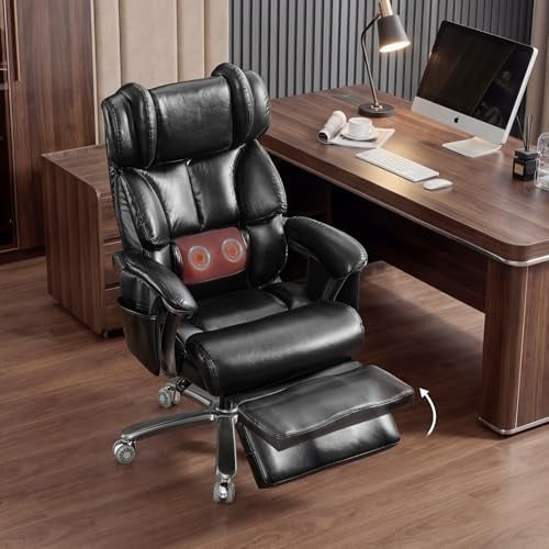 DEKKETO PU-Leder XXL Massage Chefsessel mit Fußstütze bis 225 kg, Schwarz | 3 abnehmbare Kissen, Wärme- und Vibrationsmassage, 100°-160° Rückenlehne, 2 Seitentaschen, leise Rollen, Gaslift Klasse 4
