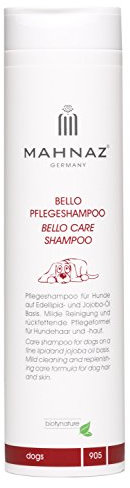 MAHNAZ® Bello Hundeshampoo – Pflegeshampoo für empfindliche Hundehaut mit Jojobaöl, Aloe Vera & Vitamin E – Fellpflege gegen Juckreiz – 200 ml – auch für Katzen