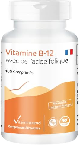 Vitamine B12 avec Acide Folique – 500μg Vitamine B12 & 100μg Acide folique - Végan - ! POUR 6 MOIS ! – Hautement dosé - Boite de 180 comprimés | Vitamintrend®