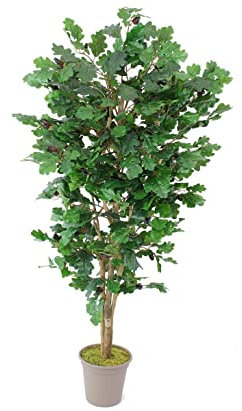 kunstpflanzen-Discount.com Kunstbaum Eiche 150cm mit 525 Textilfaser Blätter und Naturstämme - Künstlicher Eichenbaum mit Früchten