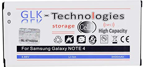 Batteria di ricambio ad alta potenza, compatibile con Samsung Galaxy Note 4 IV SM-N910F con NFC, batteria originale GLK Technologies, batteria ricaricabile da 3400 mAh