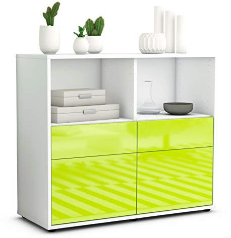 Stil.Zeit Sideboard Christine, Korpus Weiss matt, Front Hochglanz Limettengrün (92x79x35cm) Push-to-Open Technik & Leichtlaufschienen