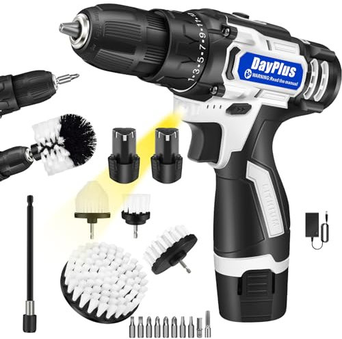 2-in-1 Cordless Drill & Electric Spin Scrubber Cleaning Brush Combi Set w/Battey and Charger, 25+1 Keyless Clutch, with 10pcs Drill Bits, 5pcs Drill Brush, 1pc Extended Rod, for DIY/Repair/Cleaning