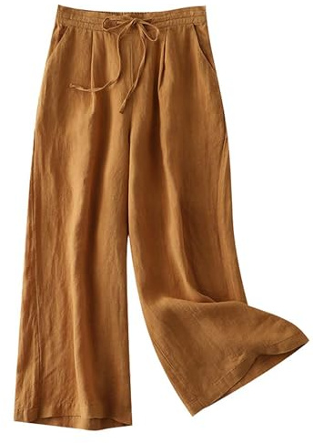 FTCayanz Damen Leinen Culottes Hose Weite Sommerhose | Leichtes Leinengewebe, Verstellbarer Taillenbund, Seitentaschen, Lockerer Weiter 7/8 Schnitt für den Sommeralltag