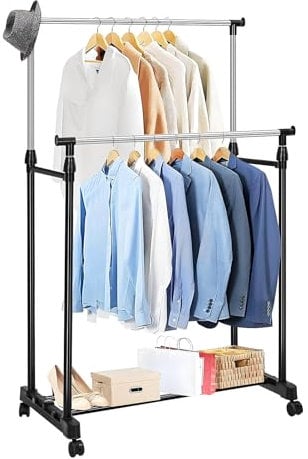 AllRight Kleiderständer auf Rollen Garderobenständer Kleiderwagen Höhenverstellbar Kleiderstange 92-156cm Rollgarderobe mit Schuhablage Schwarz