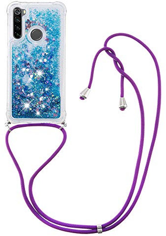 MRSTER Handykette Kompatibel mit Xiaomi Redmi Note 8, Glitzer Flüssig Bewegende Treibsand Handyhülle mit Necklace mask Lanyard Schutzhülle für Xiaomi Redmi Note 8. LP Love Blue