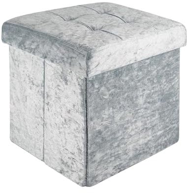INTIRILIFE Faltbare Sitzhocker 30x30x30 cm in Samt Blaugrau - Sitzwürfel mit Deckel und Stauraum aus Stoff mit Mulden - Sitzcube Fußablage klappbare Aufbewahrungsbox Truhe Sitzhocker