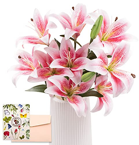 SNAIL GARDEN 12 Köpfe Künstliche Lilien Blumen, 50cm Langer Stiel Lilien Kunstblumen mit 9 Blühende Köpfe & 3 Knospen mit Grußkarte & Papiertüte, Künstliche Blumen für Haus Geschenk Büro Dekor