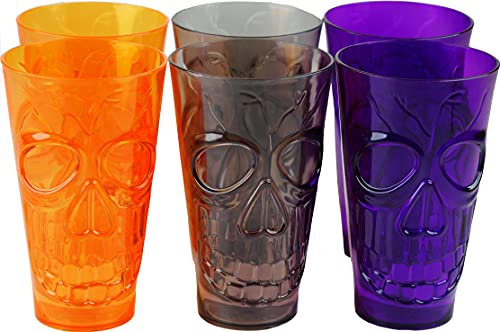 BWG Set Of 6 Halloween Plastic Skull Face Tumblers/Glasses - Purple Orange Grey