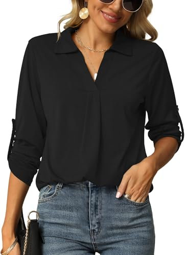 Odosalii Musselin Bluse Damen Schwarz Sommer Oberteile Elegant Sexy V-Ausschnitt Langarm Lockerer Shirt Karriere Hemden Tops