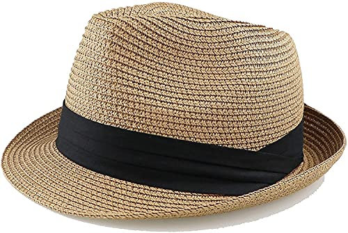 KorhLeoh Fedora Sombrero Fedora de paja para niños y niñas, caqui, 2-5 años
