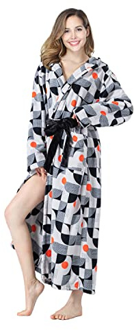 RONGTAI Peignoir long en polaire pelucheuse pour femme, peignoir à capuche épais avec poches, vêtement de nuit duveteux pour homme, Géométrie, L