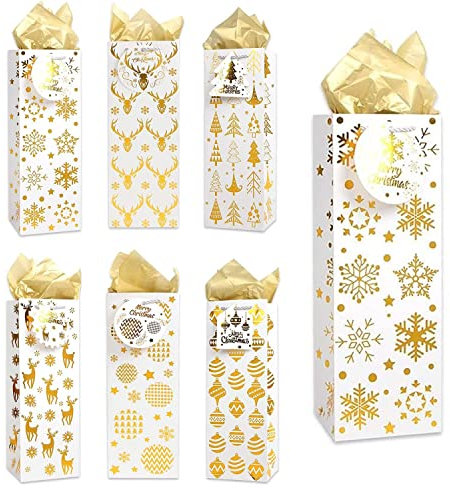 DIYASY Christmas Kraft Wine Bags, 12 Pack Christmas Bottle Bags with Gift Tags and Gold Tissue Paper Xmas Bottle Gift Bags for Wine Champagne