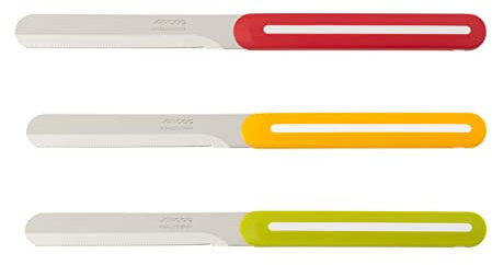 Arcos Juego Cuchillos Paring 3 piezas Acero Inoxidable. Cuchillos cocina coloridos para pelar frutas y verduras. Mango ergonómico polipropileno. Serie B-Line. Color naranja, rojo y verde.