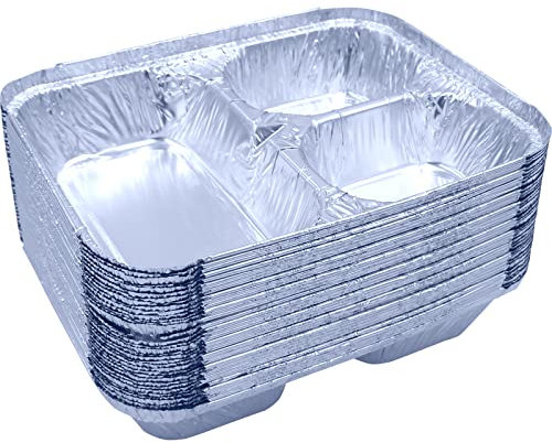 Sunrise Packaging 3 Compartment Food Container w/Lids [226 x 182 x 36 mm] Food-Safe Take Away Pans, Freezer/Oven-Safe, Catering Aluminium Foil Containers, 200