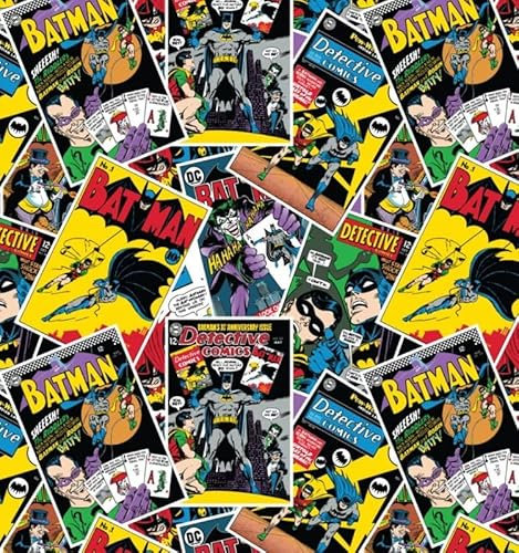 Batman Comic Stack Toss – Batman-Baumwollstoff, bedruckt, Meterware, 110 cm breit (100 % Baumwolle, echter Lizenzstoff, ideal zum Basteln, Quilten, Nähen, Patchwork)