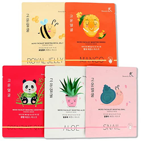 Beautykei Masque Visage Coréen Hydratation Aloe Vera Gelée D'escargot Miel Royal 100% Coton Hypoallergénique Soins de la Peau Cadeau Routine Beauté