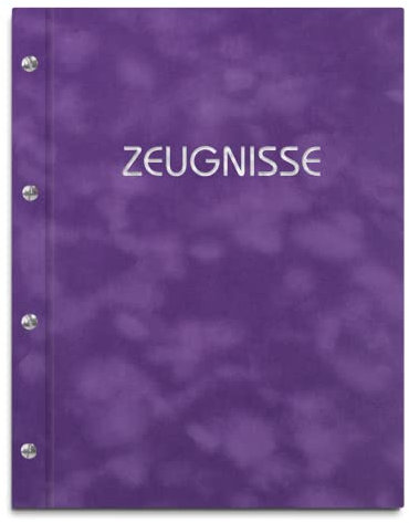 Zeugnismappe im lilafarbenen Samteinband mit Prägedruck in verschiedenen Farben – handgefertigte Mappe inkl. 12 Sichthüllen