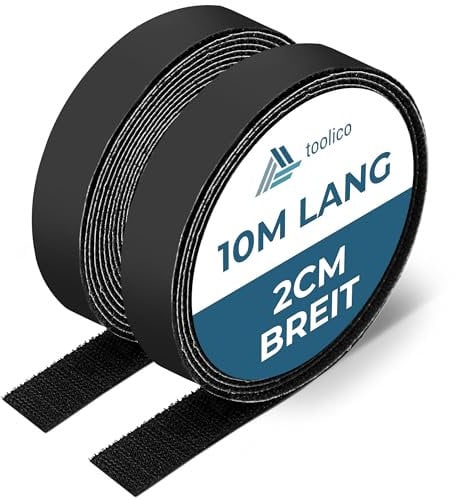 Toolico Klettband selbstklebend extra stark - 10M x 20mm - Wetterbeständig - Doppelseitig - schwarz - zum anbringen von Fliegengitter, als Klettverschluss