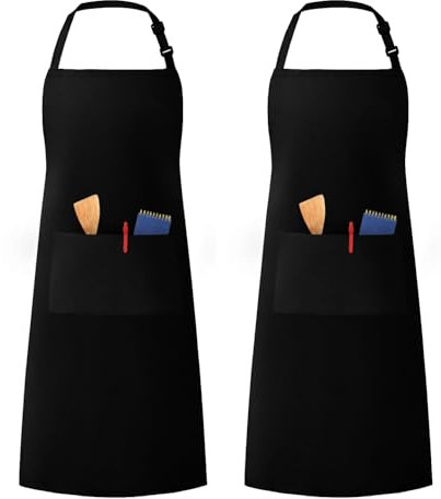 LivinEase Unisex Baumwollmischgewebe Schürze mit 2 Fronttaschen | verstellbarer Nackenriemen & lange Bindebänder | Küchenschürze, Grill- & Gastronomie-Schürze (Schwarz, Pack of 2)