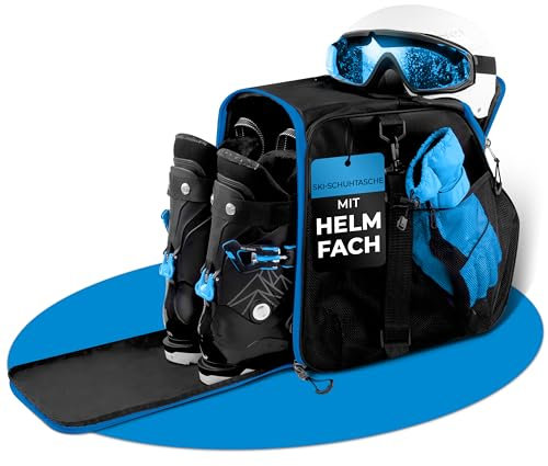 STYNGARD Skischuhtasche mit Helmfach und Stiefelfach [40 L] - Ski Stiefeltasche mit Umhängefunktion und Stauraum für Skizubehör - Tasche für Skischuhe Modell Zermatt (Schwarz-Blau)
