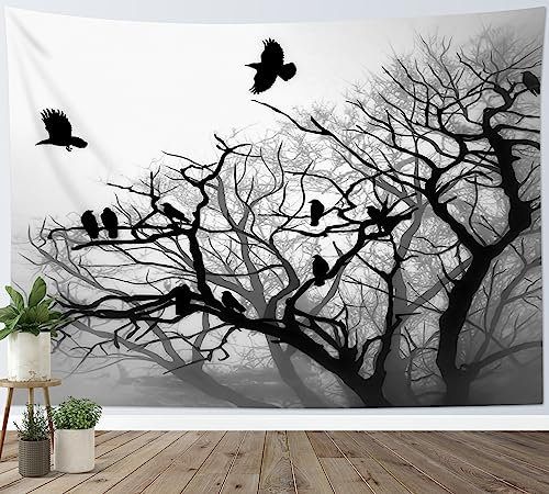 LB Wandteppich Halloween Wandtuch Schwarze Krähe auf totem Baum Wandbehang Horror Spukwald Tapisserie für Wohnzimmer Schlafzimmer Wohnheim Wanddeko,235x180cm