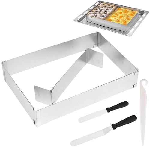 Molbory Backrahmen Rechteckig Verstellbar, Profi-Backform Rechteckig mit Kuchenlösemesser + Butterspatel, Tortenring Eckig Stufenlos Verstellbar - Routiniert Kuchen backen und Torten Schichten