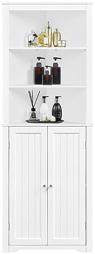 Yaheetech Meuble/Armoire Rangement Salle de Bain, Meuble d'angle Toilette Haute Blanche avec Placards Tablettes Réglables et 3 Étagères 60 x 31,5 x 163 cm Salon Chambre Cuisine