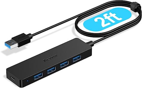 Aceele USB Hub 3.0 4-Port USB Splitter with 2ft Extension Cable & Type C Power Port, 5Gbps Ultra-Slim Multiport Adapter Extender for Laptop, MacBook, iMac, Desktop PC, Xbox, PS5, and More