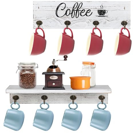 LotFancy Kaffeetassenhalter, Wandmontage, Tassenregal mit 8 stabilen Haken, Kaffeebar-Zubehör-Set für Kaffeestation, Organizer, weiße Kaffee-Ecken-Dekoration, 13Y-5376-T