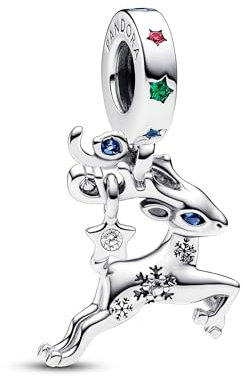 PANDORA Moments Weihnachtszauber Rentier Charm-Anhänger aus Sterling Silber mit künstlichen Kristallen, Kompatibel Moments Armbändern, 792826C01