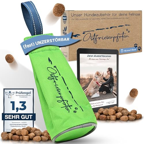 Ostfriesenpfoten® - extrem strapazierfähiger Futterbeutel 'Enno' | ohne Metallösen | Neongrün | Größe S | geeignet für alle Hunderassen - waschbarer Futterdummy inkl. eBook für Dein Agility-Training