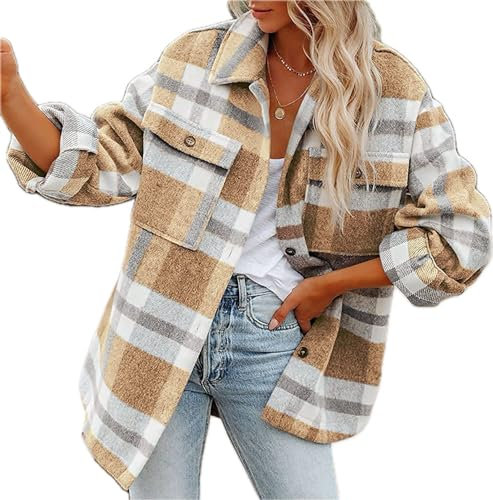 LEKOPUR Damen Kariertes Hemdjacke Holzfällerhemd Shacket Mantel Jacke Herbst Winter Hemdjacke Flanellhemd Karierte Hemd Bluse