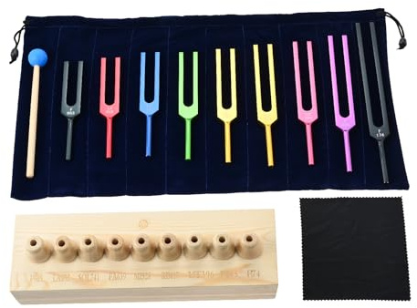 DRELD 9 Solfeggio Tuning Forks Kit with Resonance Base for Sound Healing | Colorful Healing Forks with Resonance Chamber, Hammer and Bag for Sound Therapy, Musical Instrument, Balancing, Healer