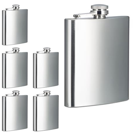 Relaxdays 6X Hip Flask, 200ml Each, Stainless Steel, Beverages to go, Fits in Pocket, HWD: 12.5 x 9.5 x 2.5 cm, Silver, 12.5 x 9.5 x 2 cm