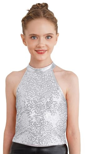 MSemis Mädchen Unterhemd Glitzer Pailletten Tank Top Trägershirt Verstellbare Fasching Party Jazz Oberteil Gold/Silber/Schwarz/Lila/Blau Silber A 146-152