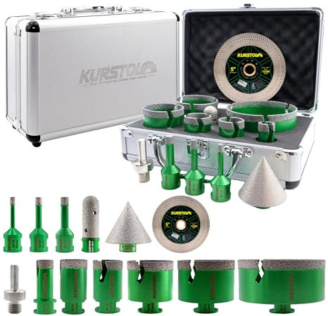 KURSTOL Punte Diamantate Gres Porcellanato 13 Pezzi - 6/8/10/20/32/35/55/68/100mm Punte Trapano, 20mm Fresa, 50mm Smusso, 125mm Disco, Adattatore per Porcellana Piastrelle Ceramica Marmo Granito