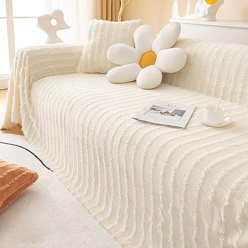 KnSam Home Couchbezug, Einfarbig Streifen Ecksofa Bezug Abnehmbar, Anti-Rutsch Waschbar Sofa Protection Cover Sofaschoner Plüsch für Wohnzimmer (180x260CM, Weiß)